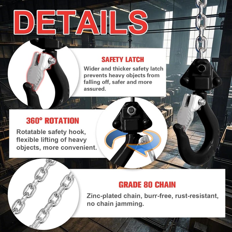 FITHOIST Heavy-Duty Manual Lever Chain Hoist Come Along 1/2 Ton 1100LBS 10FT Lift, Enhanced Pawl Brake Industrial G80 Alloy Steel w/ 360° Hooks for Construction Logging Garage Warehouse, Red - Image 4